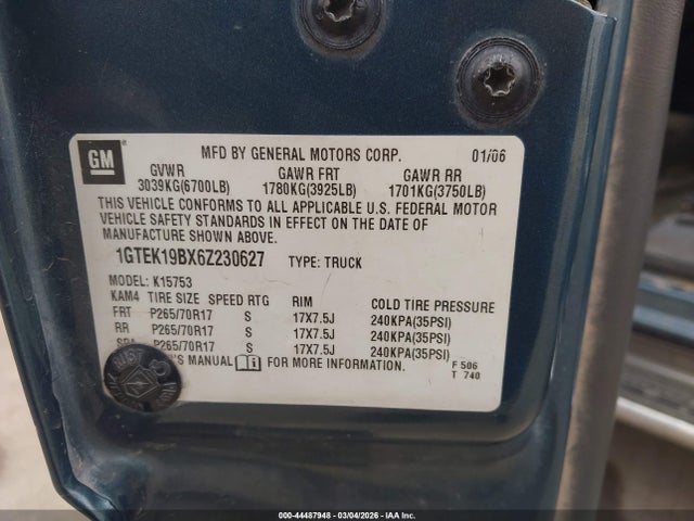 44487948 :رقم المزاد ، 1GTEK19BX6Z230627 vin ، 2006 Gmc Sierra 1500 Sle1 مزاد بيع