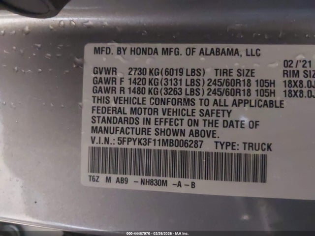 2021 Honda Ridgeline Awd Sport მანქანა იყიდება აუქციონზე, vin: 5FPYK3F11MB006287, აუქციონის ნომერი: 44487970