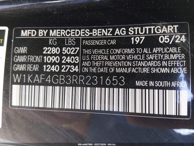 Aukcja sprzedaży 2024 Mercedes-benz C 300, vin: W1KAF4GB3RR231653, numer aukcji: 44487995