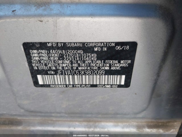 Aukcja sprzedaży 2019 Subaru Wrx Premium, vin: JF1VA1C63K9802099, numer aukcji: 44488093
