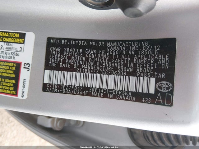 2012 Toyota Corolla S მანქანა იყიდება აუქციონზე, vin: 2T1BU4EE1CC796308, აუქციონის ნომერი: 44488113
