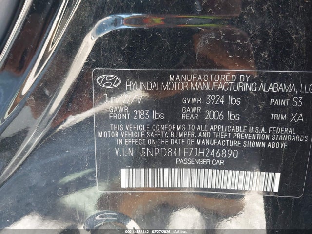 5NPD84LF7JH246890 Hyundai ELANTRA SEL