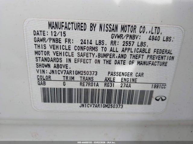44488153 :رقم المزاد ، JN1CV7AR1GM250373 vin ، 2016 Infiniti Q50 2.0t Premium مزاد بيع