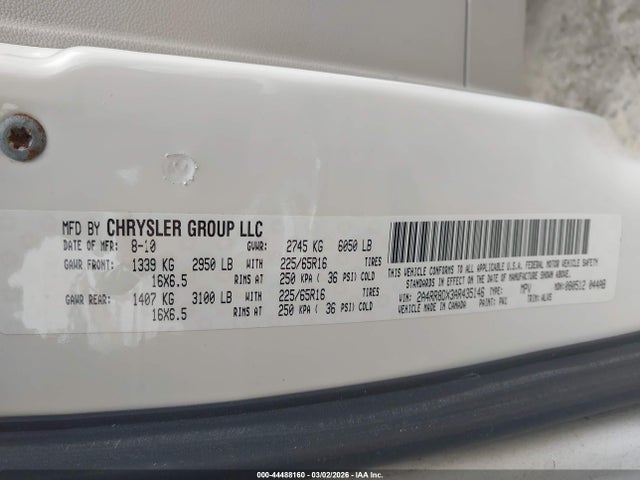 2010 Chrysler Town & Country Touring Plus მანქანა იყიდება აუქციონზე, vin: 2A4RR8DX3AR435146, აუქციონის ნომერი: 44488160