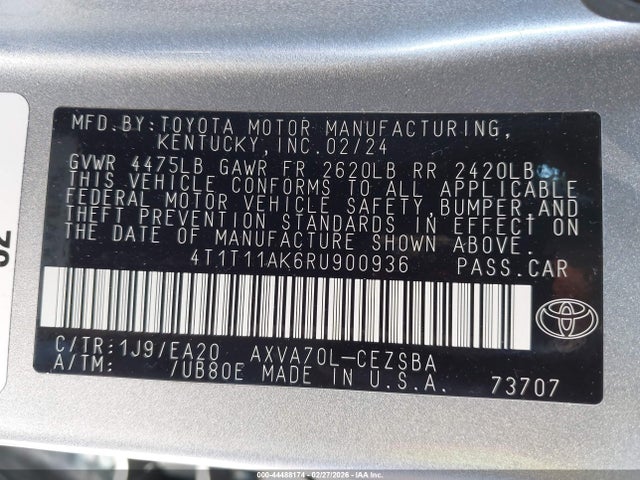 4T1T11AK6RU900936 Toyota CAMRY SE