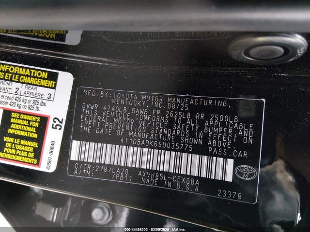 44488203 :رقم المزاد ، 4T1DBADK6SU035775 vin ، 2025 Toyota Camry Xle مزاد بيع