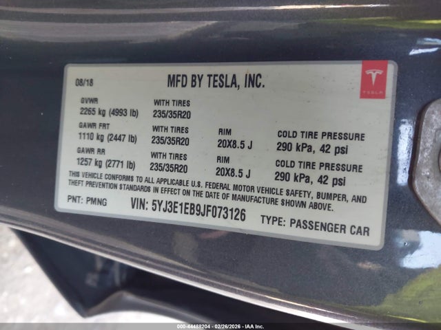44488204 :رقم المزاد ، 5YJ3E1EB9JF073126 vin ، 2018 Tesla Model 3 Long Range/performance مزاد بيع