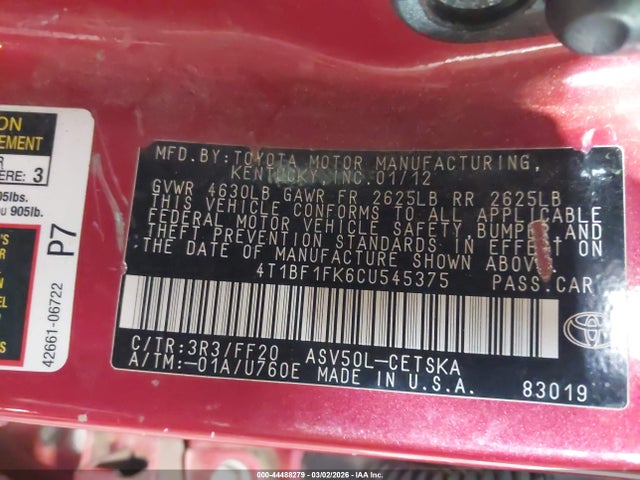44488279 :رقم المزاد ، 4T1BF1FK6CU545375 vin ، 2012 Toyota Camry Se مزاد بيع