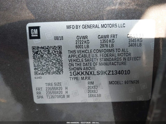 44488293 :رقم المزاد ، 1GKKNXLS9KZ134010 vin ، 2019 Gmc Acadia Denali مزاد بيع