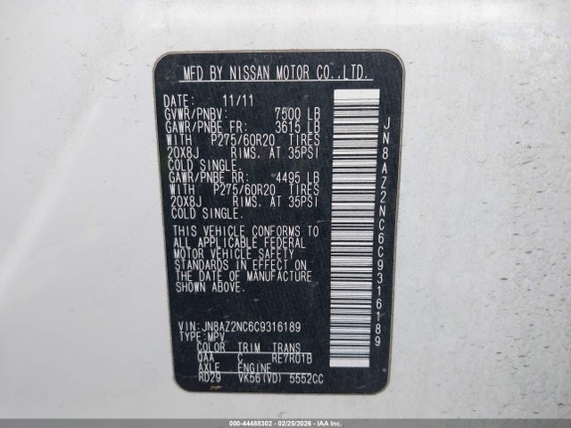 Aukcja sprzedaży 2012 Infiniti Qx56, vin: JN8AZ2NC6C9316189, numer aukcji: 44488302