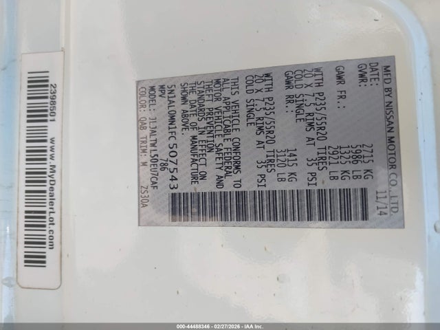 Aukcja sprzedaży 2015 Infiniti Qx60, vin: 5N1AL0MN1FC507543, numer aukcji: 44488346