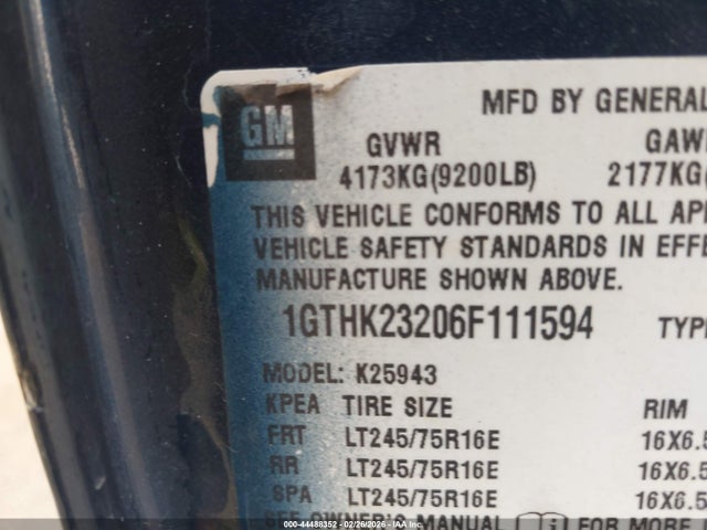 Aukcja sprzedaży 2006 Gmc Sierra 2500hd Sle1, vin: 1GTHK23206F111594, numer aukcji: 44488352