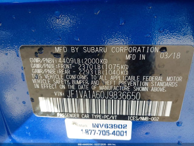 Продаж на аукціоні авто 2018 Subaru Wrx, vin: JF1VA1A60J9836650, номер лоту: 44488354