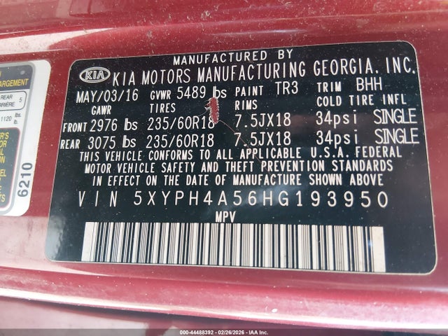 2017 Kia Sorento 3.3l Ex მანქანა იყიდება აუქციონზე, vin: 5XYPH4A56HG193950, აუქციონის ნომერი: 44488392