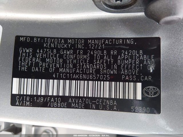 Toyota CAMRY LE 2022 4T1C11AK6NU657025 Image 9
