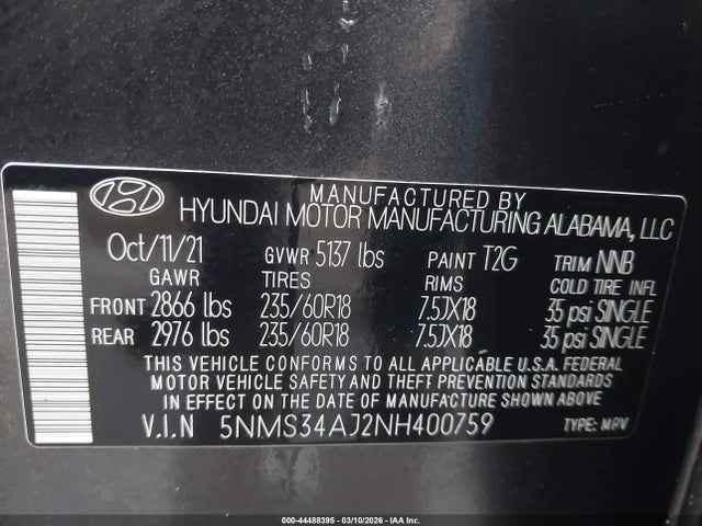 2022 HYUNDAI SANTA FE 5NMS34AJ2NH400759 Photo 8