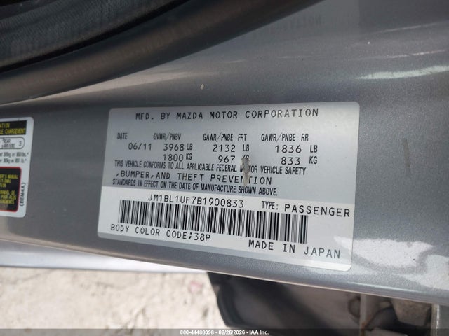 44488398 :رقم المزاد ، JM1BL1UF7B1900833 vin ، 2011 Mazda Mazda3 I Sport مزاد بيع