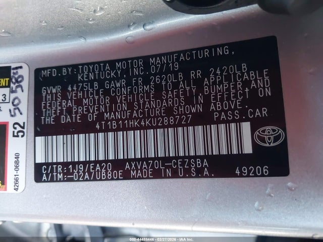 4T1B11HK4KU288727 Toyota CAMRY SE