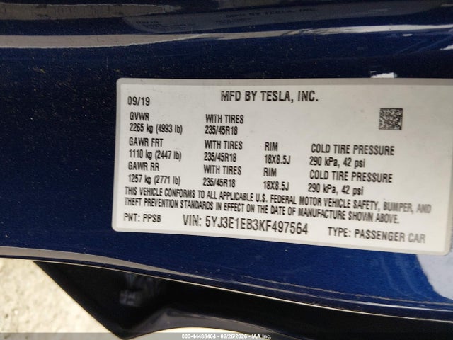 2019 Tesla Model 3 Long Range/performance მანქანა იყიდება აუქციონზე, vin: 5YJ3E1EB3KF497564, აუქციონის ნომერი: 44488464
