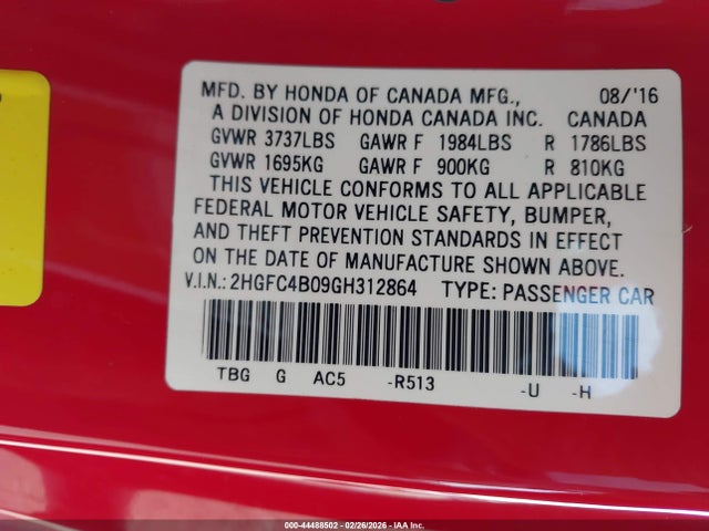 Honda Civic Lx-p 2016 2HGFC4B09GH312864 Image 9