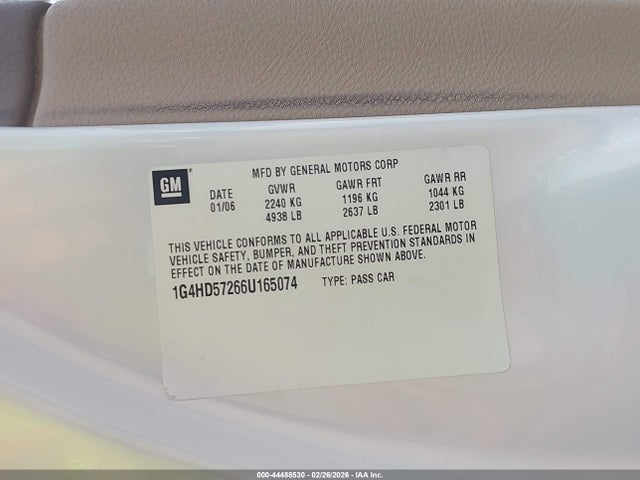 44488530 :رقم المزاد ، 1G4HD57266U165074 vin ، 2006 Buick Lucerne Cxl مزاد بيع