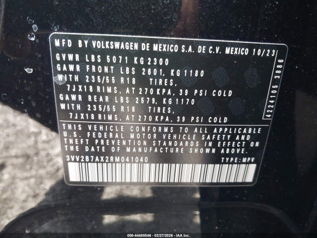 44488546 :رقم المزاد ، 3VV2B7AX2RM041040 vin ، 2024 Volkswagen Tiguan 2.0t Se/2.0t Wolfsburg Edition مزاد بيع