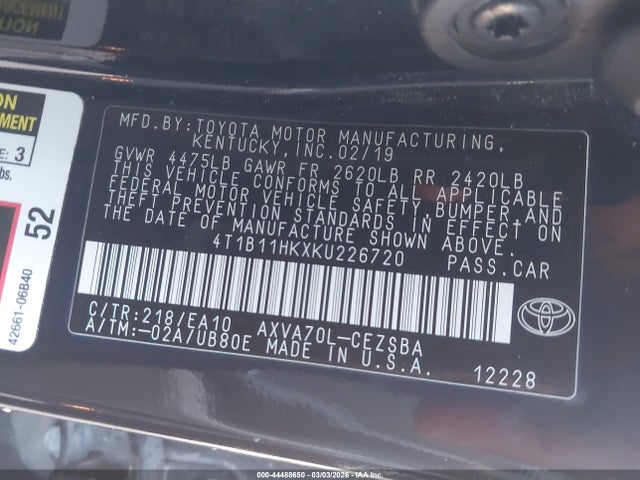 4T1B11HKXKU226720 Toyota CAMRY SE