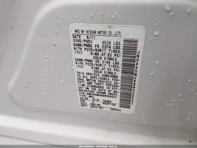 2011 Nissan Rogue Sv მანქანა იყიდება აუქციონზე, vin: JN8AS5MV6BW306531, აუქციონის ნომერი: 44488704