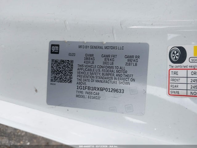 2023 Chevrolet Camaro Rwd  1lt მანქანა იყიდება აუქციონზე, vin: 1G1FB1RX6P0129633, აუქციონის ნომერი: 44488715