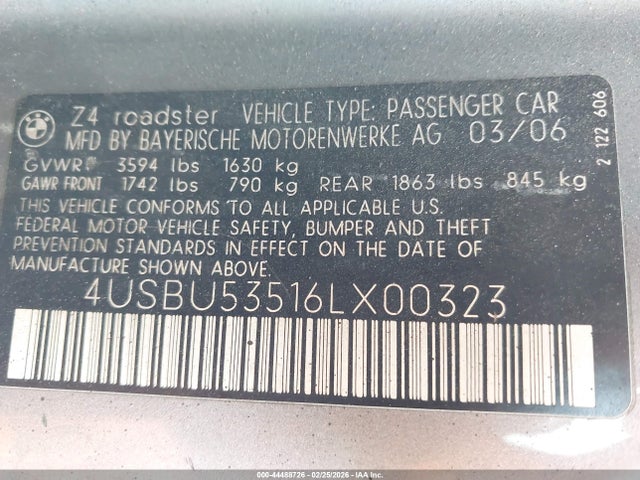 Продаж на аукціоні авто 2006 Bmw Z4 3.0si, vin: 4USBU53516LX00323, номер лоту: 44488726