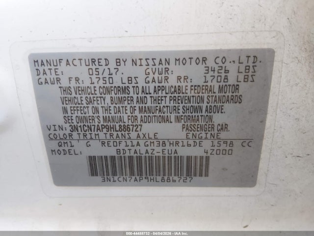3N1CN7AP9HL886727 Nissan Versa 1.6 S+