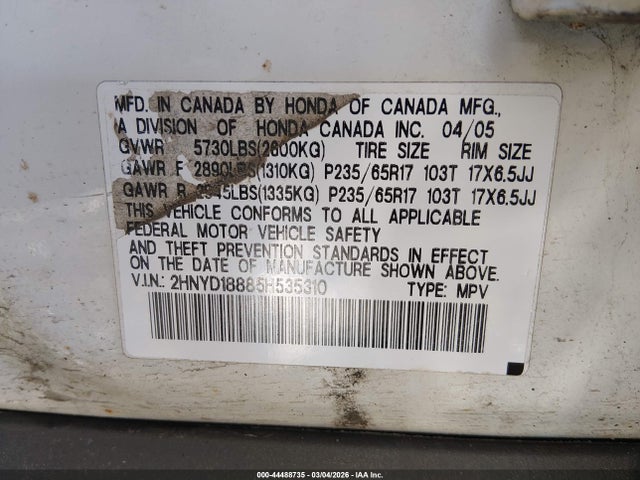Продаж на аукціоні авто 2005 Acura Mdx, vin: 2HNYD18885H535310, номер лоту: 44488735