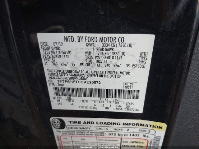 44488737 :رقم المزاد ، 1FTFW1EF0CKE20572 vin ، 2012 Ford F-150 Fx4 مزاد بيع