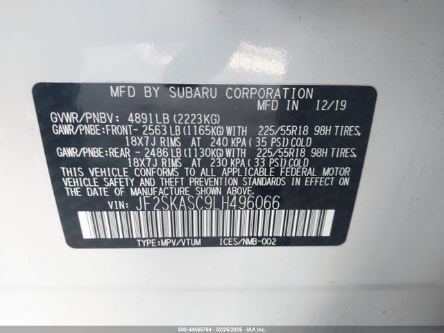 Продаж на аукціоні авто 2020 Subaru Forester Limited, vin: JF2SKASC9LH496066, номер лоту: 44488764