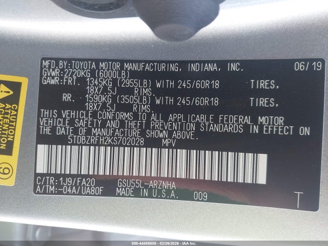 44488808 :رقم المزاد ، 5TDBZRFH2KS702028 vin ، 2019 Toyota Highlander Le Plus مزاد بيع