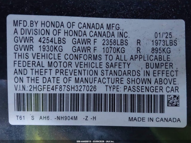 Aukcja sprzedaży 2025 Honda Civic Hybrid Sport/sport Touring, vin: 2HGFE4F87SH327026, numer aukcji: 44488815