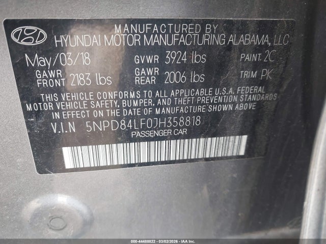 5NPD84LF0JH358818 Hyundai ELANTRA SEL