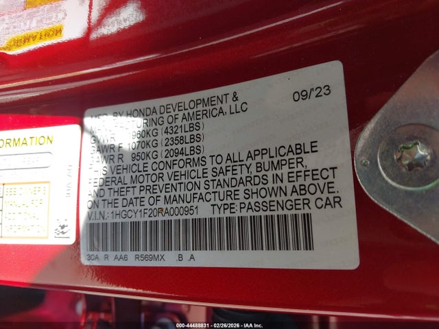 1HGCY1F20RA000951 Honda ACCORD LX