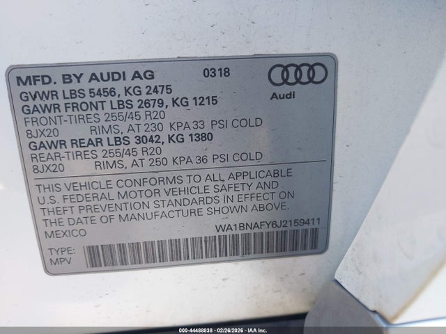 WA1BNAFY6J2159411 Audi Q5 2.0t Premium/2.0t Tech Premium