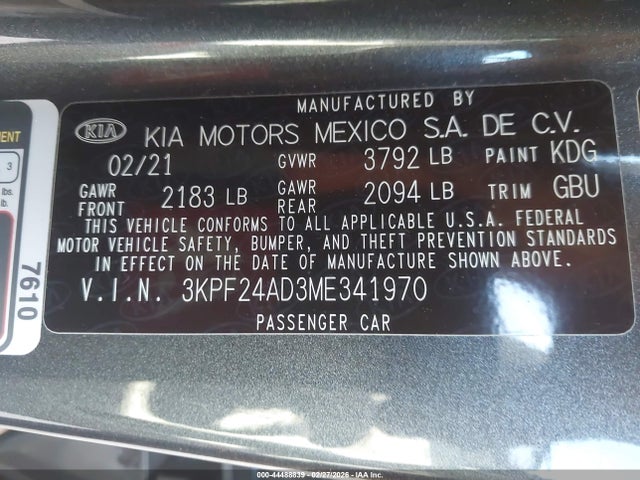 3KPF24AD3ME341970 KIA Forte Lxs