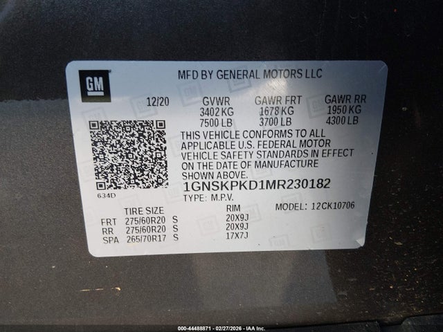 44488871 :رقم المزاد ، 1GNSKPKD1MR230182 vin ، 2021 Chevrolet Tahoe 4wd Z71 مزاد بيع