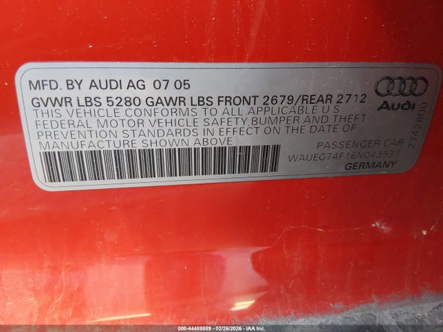Продажа на аукционе авто 2006 Audi A6 3.2, vin: WAUEG74F16N043537, номер лота: 44488889