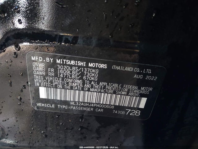 Aukcja sprzedaży 2023 Mitsubishi Mirage Es/le, vin: ML32AUHJ4PH000608, numer aukcji: 44488890