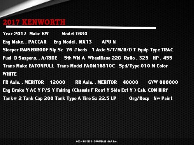Продажа на аукционе авто 2017 Kenworth T680, vin: 1XKYDP9X7HJ175193, номер лота: 44488895