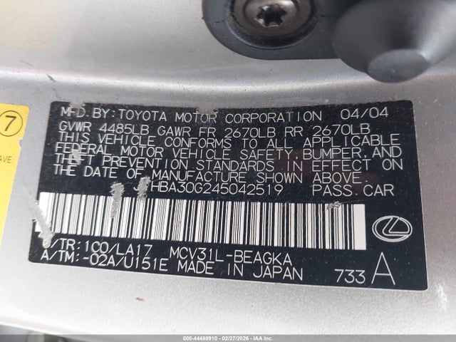 Продажа на аукционе авто 2004 Lexus Es 330, vin: JTHBA30G245042519, номер лота: 44488910