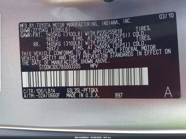 Aukcja sprzedaży 2011 Toyota Sienna Xle, vin: 5TDDK3DC7BS003205, numer aukcji: 44488924