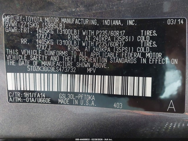 2014 Toyota Sienna L V6 7 Passenger მანქანა იყიდება აუქციონზე, vin: 5TDZK3DC9ES473732, აუქციონის ნომერი: 44488933