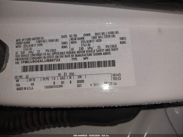 2020 Ford Escape Se მანქანა იყიდება აუქციონზე, vin: 1FMCU9G6XLUB86722, აუქციონის ნომერი: 44489020