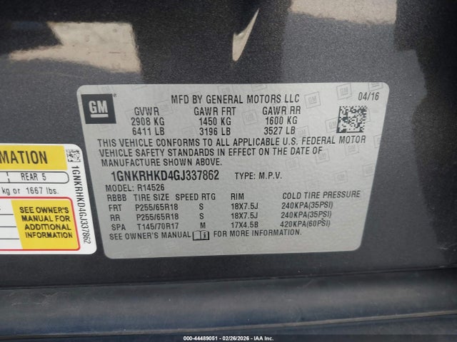 1GNKRHKD4GJ337862 Chevrolet Traverse 2lt