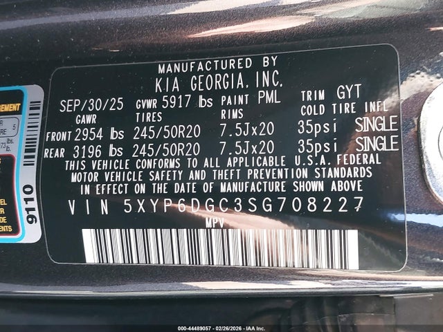 44489057 :رقم المزاد ، 5XYP6DGC3SG708227 vin ، 2025 Kia Telluride S مزاد بيع